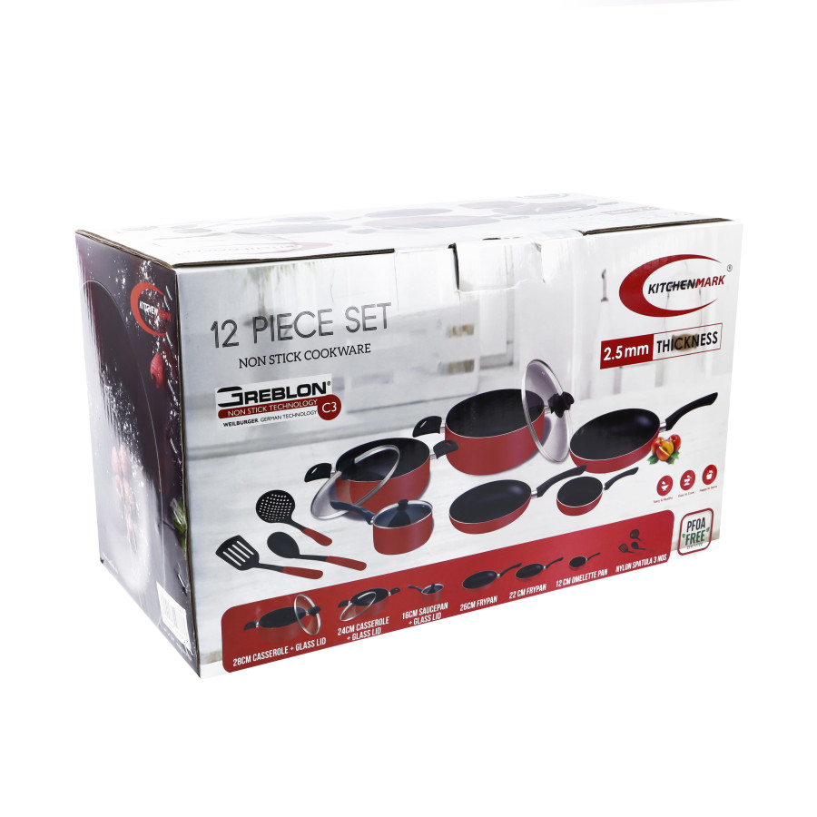 KITCHENMARK 12pc Non-stick Cookware Set - Red