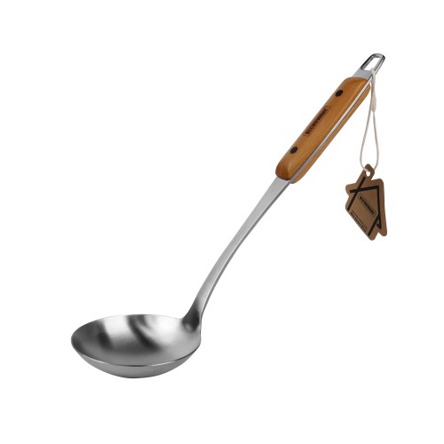 BECHOWARE Stainless Steel Wooden Handle Ladle Soup Spoon 33.5cm