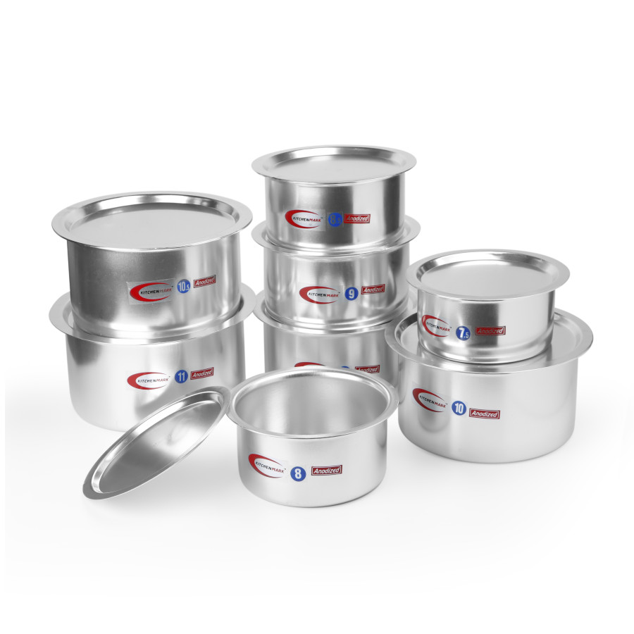 KITCHENMARK 8pc Aluminium Cooking Pot Topes with Lid -Anodized Finish 7.5