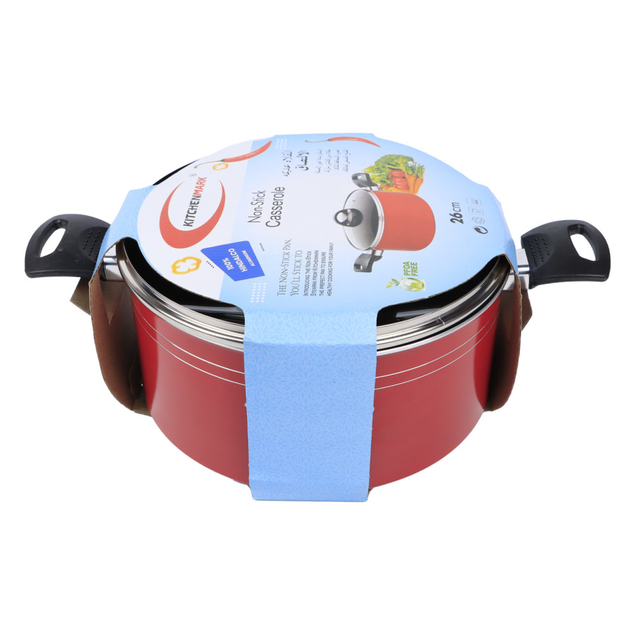 KITCHENMARK Nonstick Aluminium Casserole with Glass Lid 26cm - Red