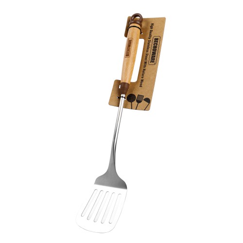BECHOWARE Stainless Steel Wooden Handle Slotted Turner Spatula 42cm