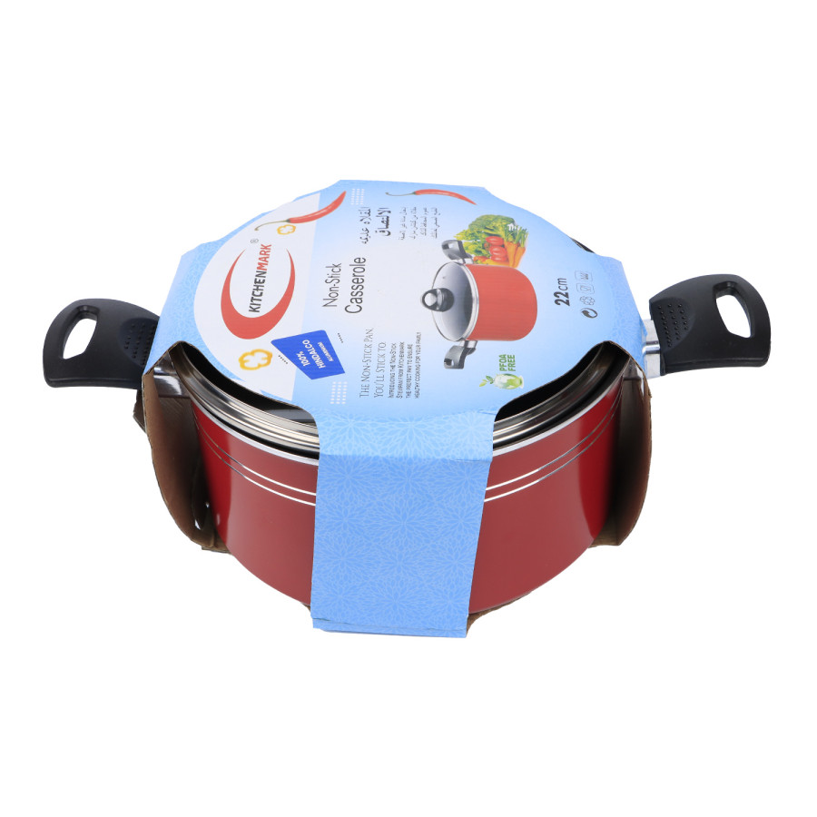 KITCHENMARK Nonstick Aluminium Casserole with Glass Lid 22cm - Red