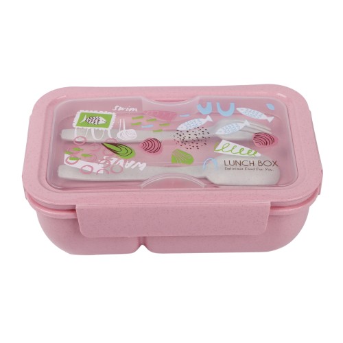Generic Plastic Rectangular Airtight Lunch Box With Plastic Fork And Spoon 21cm - Pink
