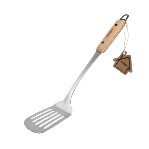 BECHOWARE Stainless Steel Wooden Handle Slotted Turner Spatula 36.5cm