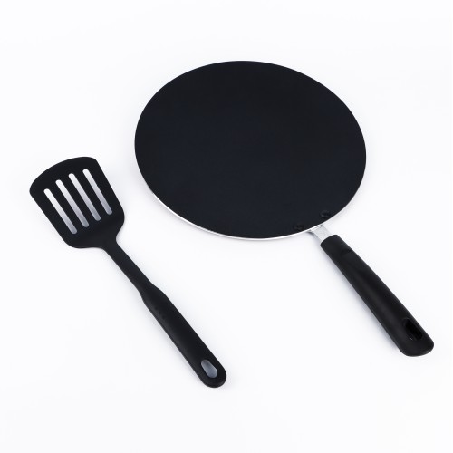 BECHOWARE 2pc Set of 28cm Nonstick Tawa with Slotted Turner - Black